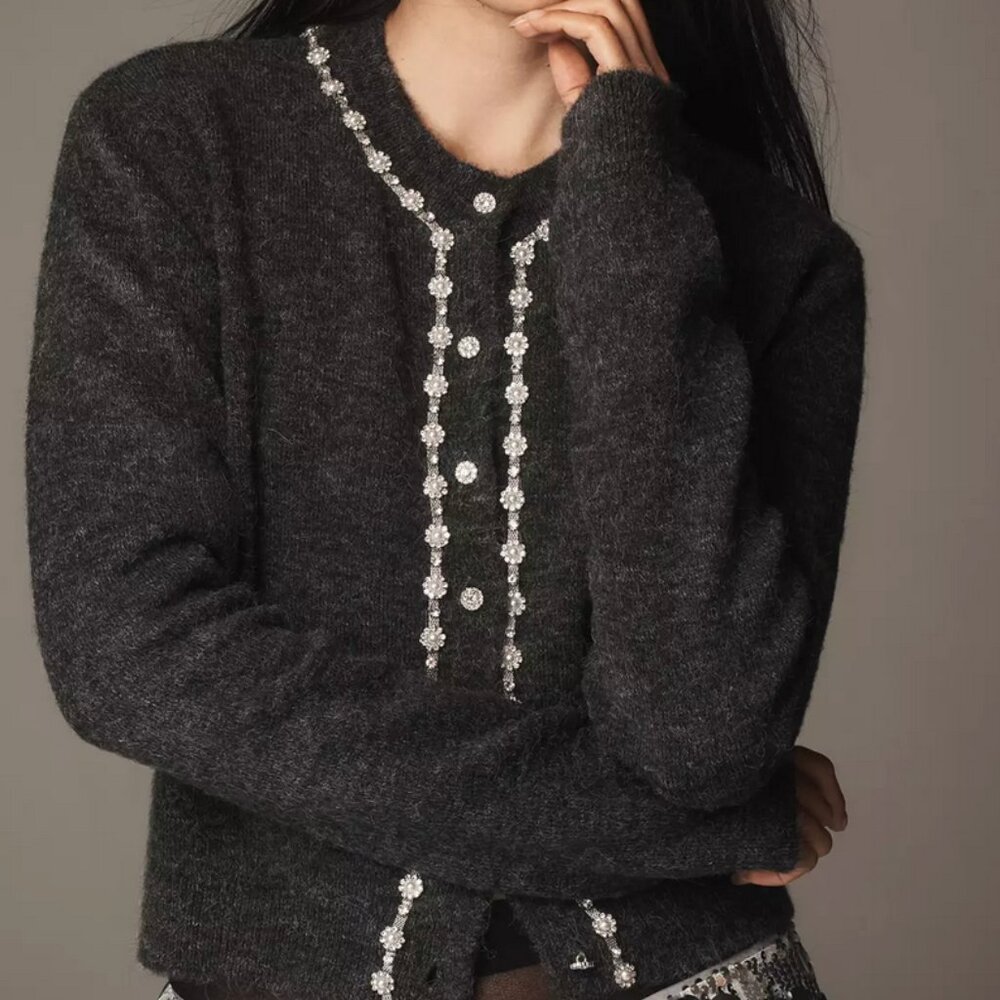 NWT Anthropologie Maeve Embellished Crew-Neck Cardigan Sweater Size Small